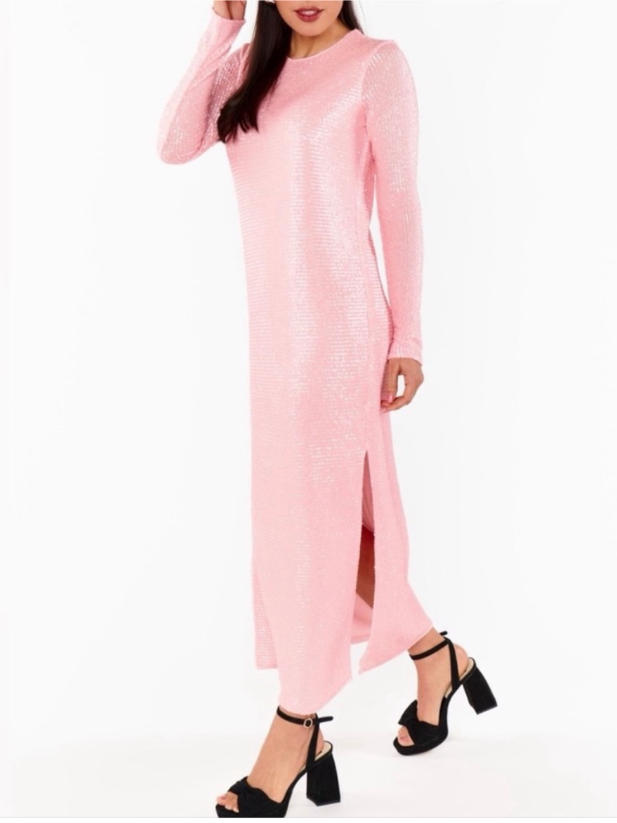 Nwt Show Me Your Mumu Maddison Dress Pink Sequin Maxi Long Sleeve Sz L